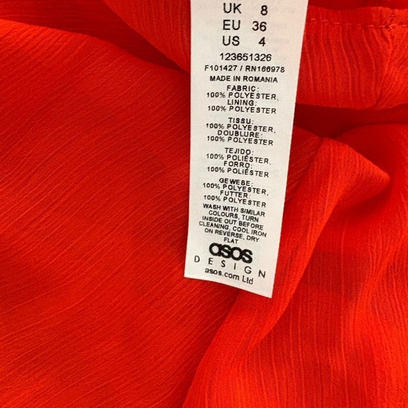 NWT ASOS Orange Chiffon Midi Dress Puff Sleeves Deep V Neck Ruffle Bottom Sz 4 - Picture 6 of 7